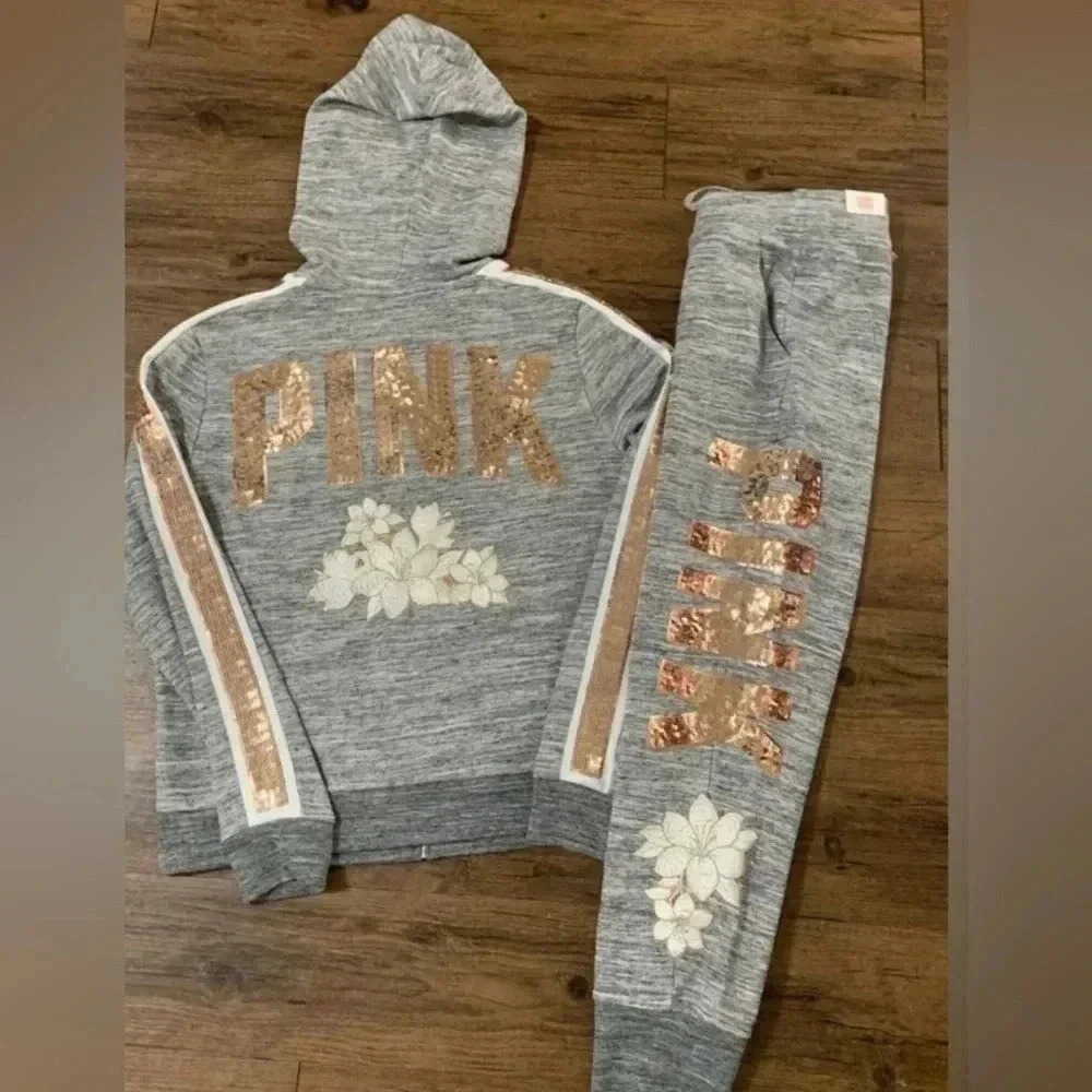 PINK VS HTF FLORAL BLING HOODIE / JOGGERS OUTFIT SET  L